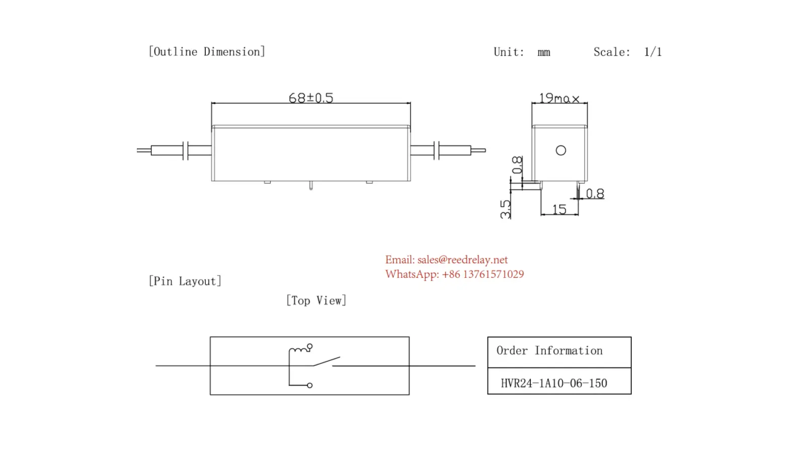 20kV high voltage reed relay product and dimensional image
